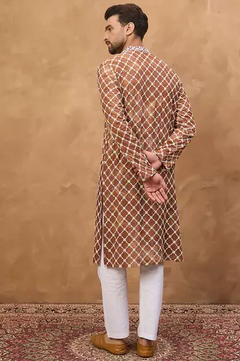 Men brown viscose rayon solid embroidered straight kurta