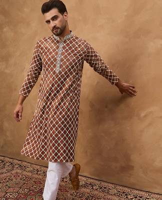 Men brown viscose rayon solid embroidered straight kurta 5
