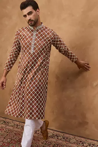Men brown viscose rayon solid embroidered straight kurta