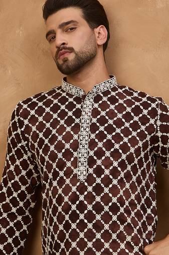 Men brown viscose rayon solid embroidered straight kurta