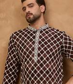 Men brown viscose rayon solid embroidered straight kurta