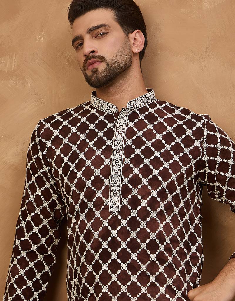 Men brown viscose rayon solid embroidered straight kurta