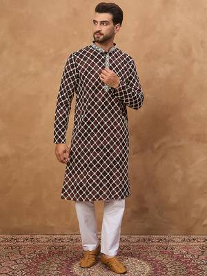 Men brown viscose rayon solid embroidered straight kurta 2