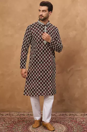 Men brown viscose rayon solid embroidered straight kurta