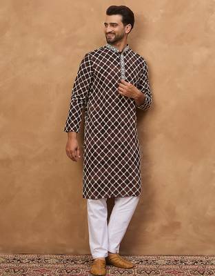 Men brown viscose rayon solid embroidered straight kurta 3