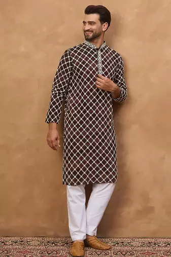 Men brown viscose rayon solid embroidered straight kurta