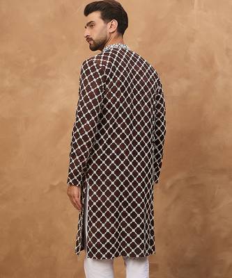 Men brown viscose rayon solid embroidered straight kurta 4