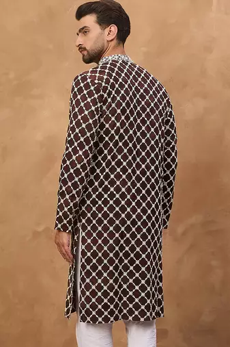 Men brown viscose rayon solid embroidered straight kurta