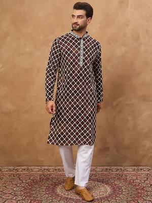 Men brown viscose rayon solid embroidered straight kurta 5