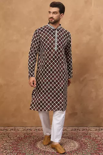 Men brown viscose rayon solid embroidered straight kurta