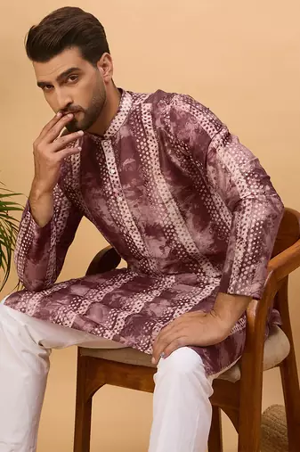 Men burgundy silk blend shibori embroidered straight kurta