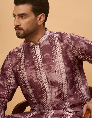 Men burgundy silk blend shibori embroidered straight kurta 2