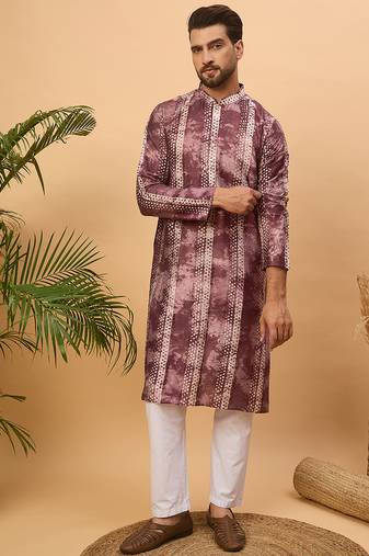 Men burgundy silk blend shibori embroidered straight kurta