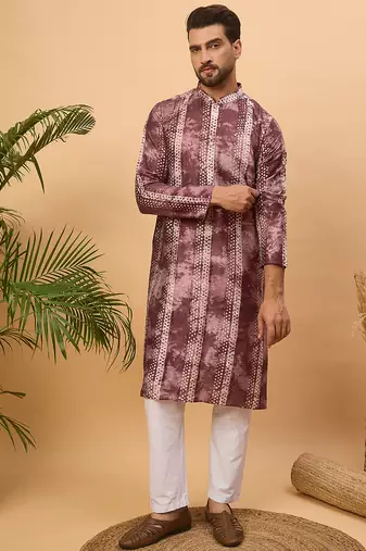 Men burgundy silk blend shibori embroidered straight kurta