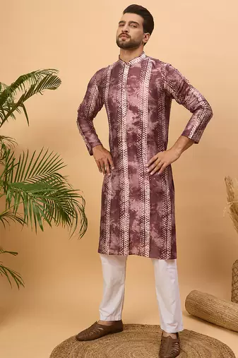 Men burgundy silk blend shibori embroidered straight kurta