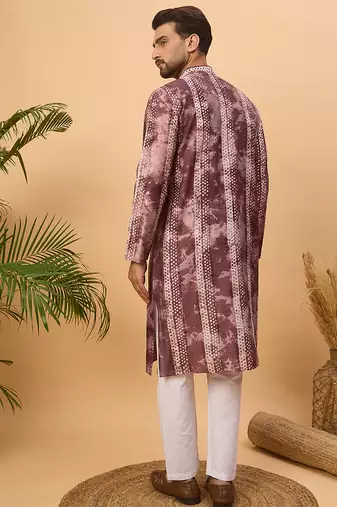 Men burgundy silk blend shibori embroidered straight kurta