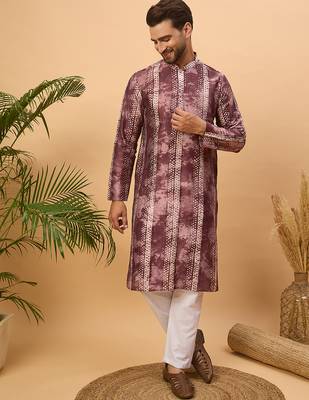 Men burgundy silk blend shibori embroidered straight kurta 5