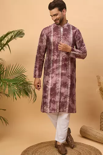 Men burgundy silk blend shibori embroidered straight kurta