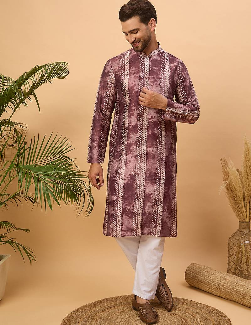 Men burgundy silk blend shibori embroidered straight kurta