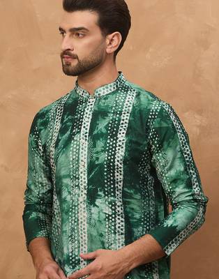 Men green silk blend shibori embroidered straight kurta 2