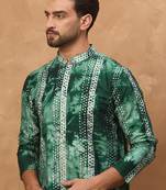 Men green silk blend shibori embroidered straight kurta