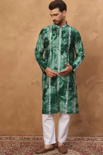 Men green silk blend shibori embroidered straight kurta