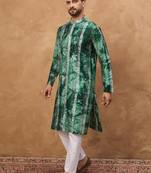 Men green silk blend shibori embroidered straight kurta