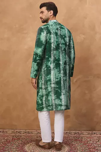 Men green silk blend shibori embroidered straight kurta
