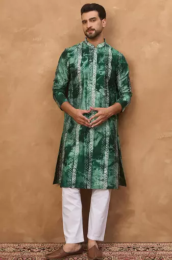 Men green silk blend shibori embroidered straight kurta