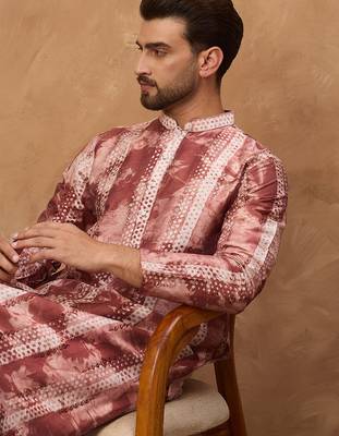 Men brown silk blend shibori embroidered straight kurta 2