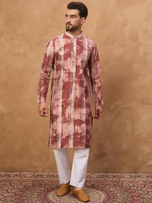 Men brown silk blend shibori embroidered straight kurta 3