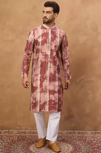 Men brown silk blend shibori embroidered straight kurta