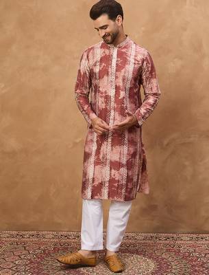 Men brown silk blend shibori embroidered straight kurta 1