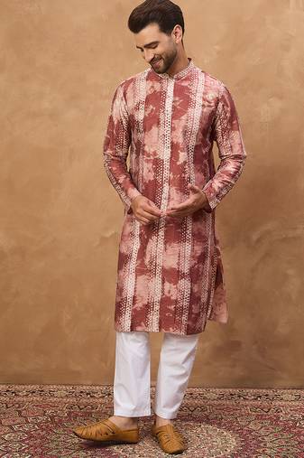 Men brown silk blend shibori embroidered straight kurta