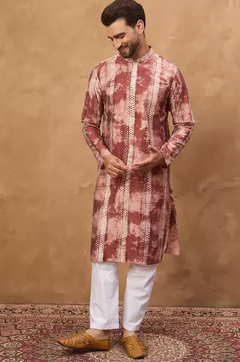 Men brown silk blend shibori embroidered straight kurta