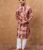 Men brown silk blend shibori embroidered straight kurta