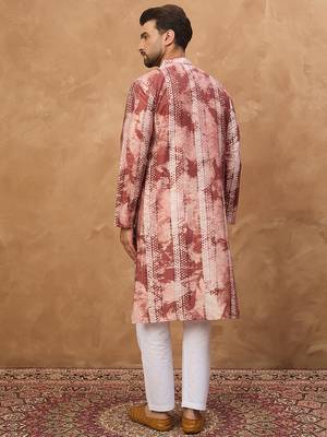 Men brown silk blend shibori embroidered straight kurta 4