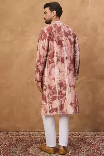 Men brown silk blend shibori embroidered straight kurta