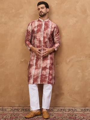 Men brown silk blend shibori embroidered straight kurta 5
