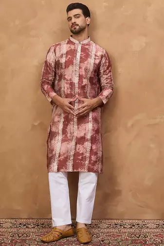 Men brown silk blend shibori embroidered straight kurta