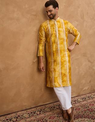 Men yellow silk blend shibori embroidered straight kurta 3