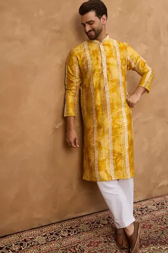 Men yellow silk blend shibori embroidered straight kurta