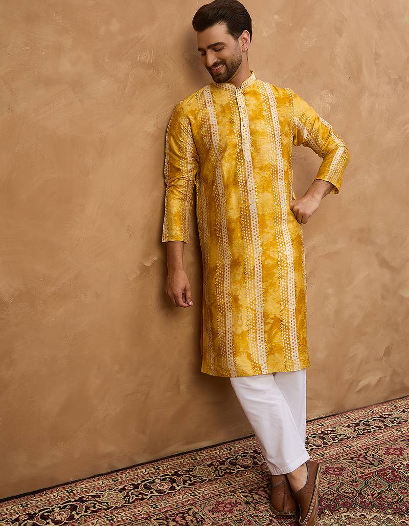 Men yellow silk blend shibori embroidered straight kurta