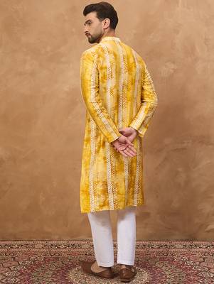 Men yellow silk blend shibori embroidered straight kurta 4