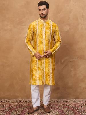Men yellow silk blend shibori embroidered straight kurta 5
