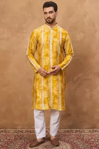 Men yellow silk blend shibori embroidered straight kurta