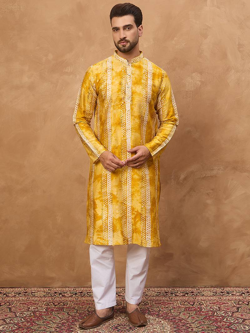 Men yellow silk blend shibori embroidered straight kurta