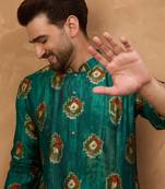 Men teal viscose rayon ethnic motifs printed straight kurta