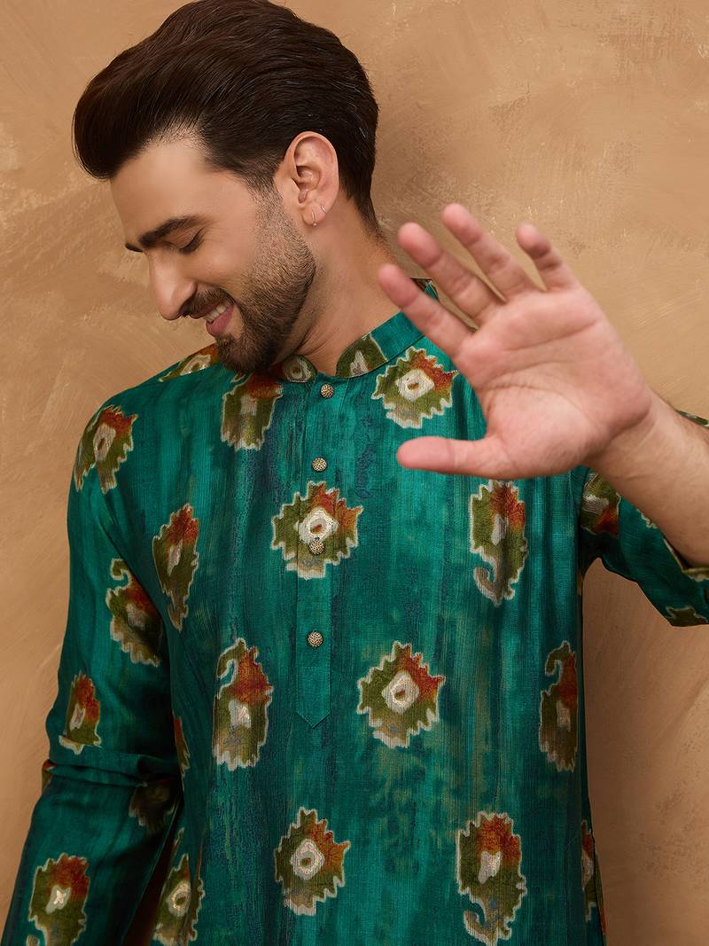 Men teal viscose rayon ethnic motifs printed straight kurta