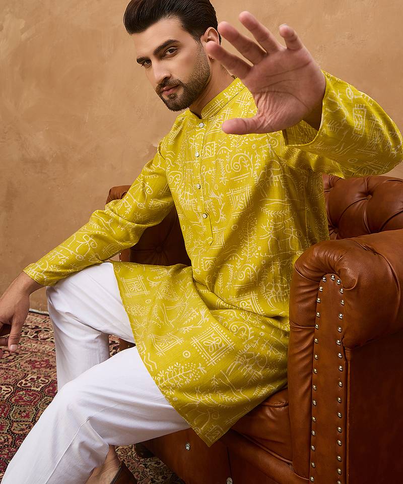Men yellow viscose rayon ethnic motifs printed straight kurta